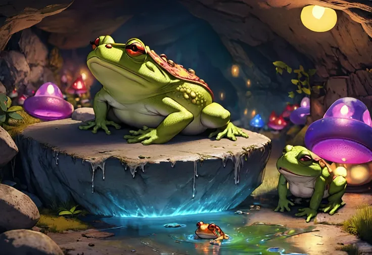 A big dazed colorful goblin sized toad, patiently allowing a bunch of goblins to lick slime off of it, several goblins are stoned (drunk) and passed out nearby, set in a cave, 4k, 8k, highres, masterpiece:1.2, ultra-detailed, realistic, photorealistic, pho...