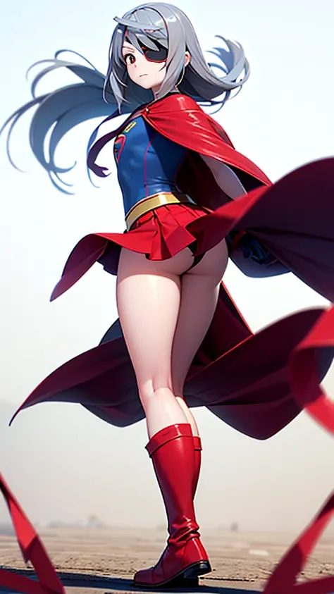 (full body), (masterpiece:1.2), (Highest_quality:1.2), (Ultra_detailed:1.3), 8k,Low - Angle，From below，Big Butt Girl, Medium chest, Pose in front,Bare legs，Red Boots，3D Rendering,( Supergirl)，laura bodewig, long hair, (red eyes:1.3), grey hair, eyepatch,Re...