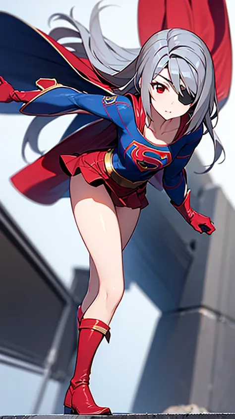 (full body), (masterpiece:1.2), (Highest_quality:1.2), (Ultra_detailed:1.3), 8k,Low - Angle，From below，Big Butt Girl, Medium chest, Pose in front,Bare legs，Red Boots，3D Rendering,( Supergirl)，laura bodewig, long hair, (red eyes:1.3), grey hair, eyepatch,Re...