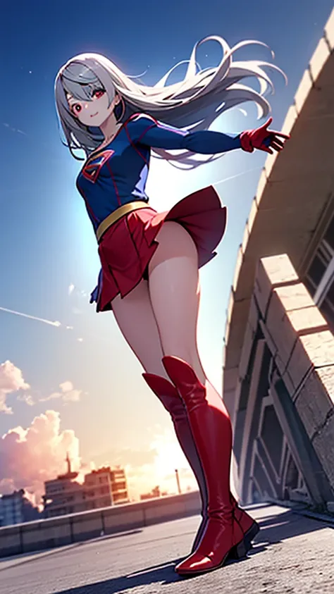 (full body), (masterpiece:1.2), (Highest_quality:1.2), (Ultra_detailed:1.3), 8k,Low - Angle，From below，Big Butt Girl, Medium chest, Pose in front,Bare legs，Red Boots，3D Rendering,( Supergirl)，laura bodewig, long hair, (red eyes:1.3), grey hair, eyepatch,Re...