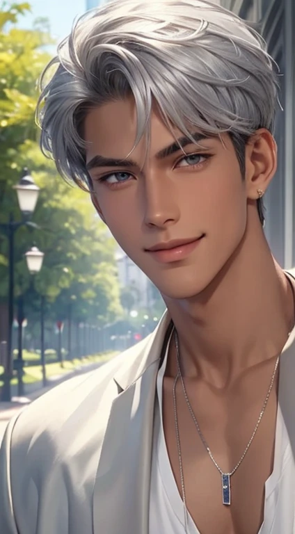 1 boy,Handsome，tall and strong,perfect male figure, eyes looking at camera, ((tanned skin)) by the park，silver hair,serious expression,necklace,Ray tracing. Smiling.