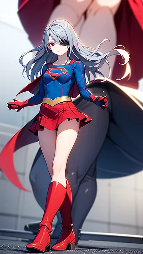 (full body), (masterpiece:1.2), (Highest_quality:1.2), (Ultra_detailed:1.3), 8k,Low - Angle，From below，Big Butt Girl, Medium chest, Pose in front,Bare legs，Red Boots，3D Rendering,( Supergirl)，laura bodewig, long hair, (red eyes:1.3), grey hair, eyepatch,Re...