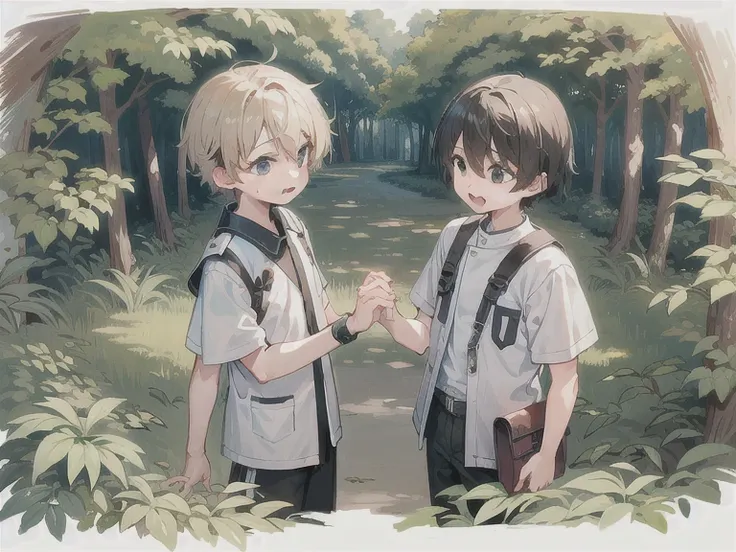 two boys、、juvenile、brother and brother、holding hands、in the forest、rough sketch，、8k、