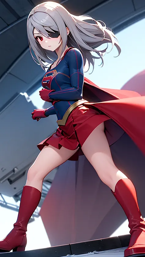 (full body), (masterpiece:1.2), (Highest_quality:1.2), (Ultra_detailed:1.3), 8k,Low - Angle，From below，Big Butt Girl, Medium chest, Pose in front,Bare legs，Red Boots，3D Rendering,( Supergirl)，laura bodewig, long hair, (red eyes:1.3), grey hair, eyepatch,Re...