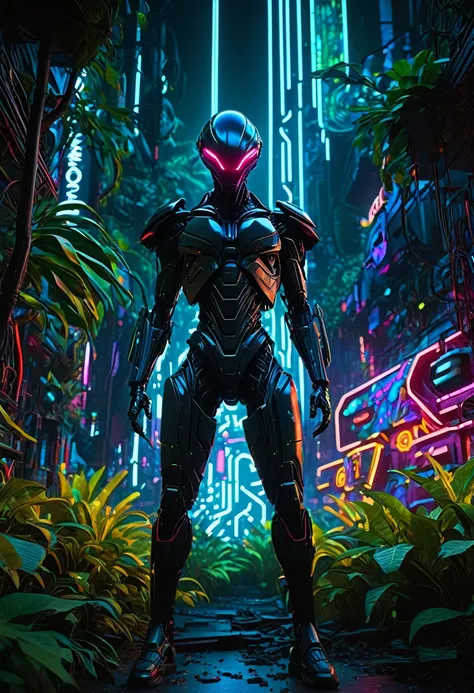 In the heart of a vibrant, otherworldly jungle, a mechanical dwarfed figure cloaked in black stands amidst a riot of neon hues. The scene is rendered with hyper-detailed precision, meticulously crafted in 8k resolution for a masterpiece of unparalleled qua...