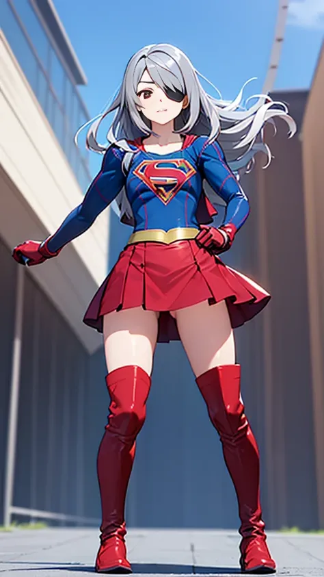 (full body), (masterpiece:1.2), (Highest_quality:1.2), (Ultra_detailed:1.3), 8k,Low - Angle，From below，Big Butt Girl, Medium chest, Pose in front,Bare legs，Long boots in red，3D Rendering,( Supergirl)，laura bodewig, long hair, (red eyes:1.3), grey hair, eye...