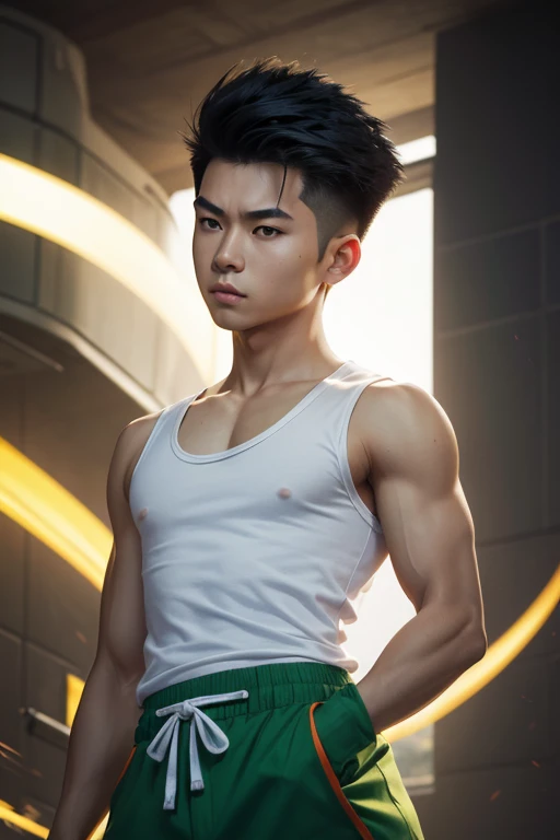 young asian boy,Quiff hairstyle,smart robot,Wear a white tank top.,Topped with a green shirt with red stitches.,Wear green pants.,stand with fists clenched,An orange aura enveloped the fist.,Behind is a high cliff.,Highly detailed images,High quality