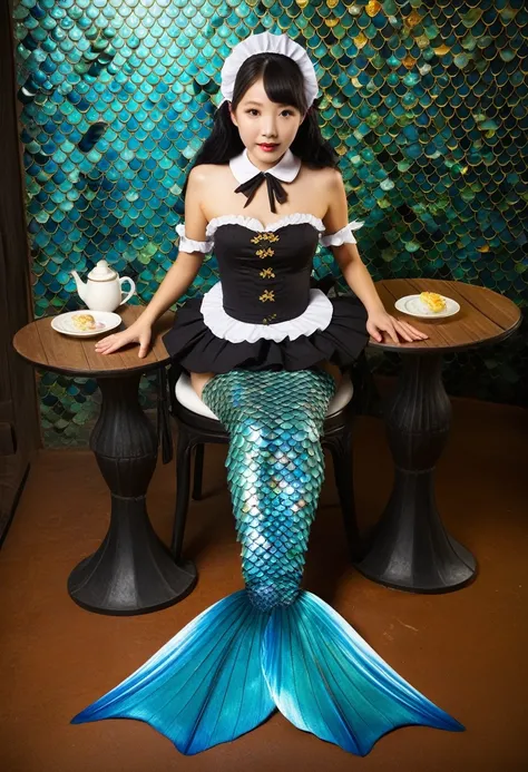 ((underwater cafe, table, chair)), full body shot of mermaid in black maid outfit, ((mermaid, fish scales)), asian face