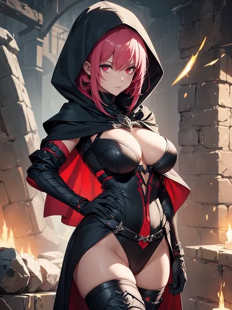 (High-resolution, high-quality), illustration of a character in a dark, medieval fantasy setting. The character is a thief named Berna, depicted in her night assassin state. She has short pink hair and red eyes. She is around 150 cm tall, giving her a  app...