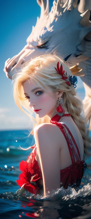 Very delicate and beautiful, wonderful, In detail, masterpiece, Super detailed, High resolution,Best illustrations, Best Shadow,complicated,Sharp focus,  high quality, 1 female, alone, Blonde. Red eyes, Kaveh Genshin Impact, Ocean, 月とOcean 星 