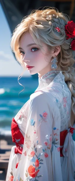 Very delicate and beautiful, wonderful, In detail, masterpiece, Super detailed, High resolution,Best illustrations, Best Shadow,complicated,Sharp focus,  high quality, 1 female, alone, Blonde. Red eyes, Kaveh Genshin Impact, Ocean, 月とOcean 星 