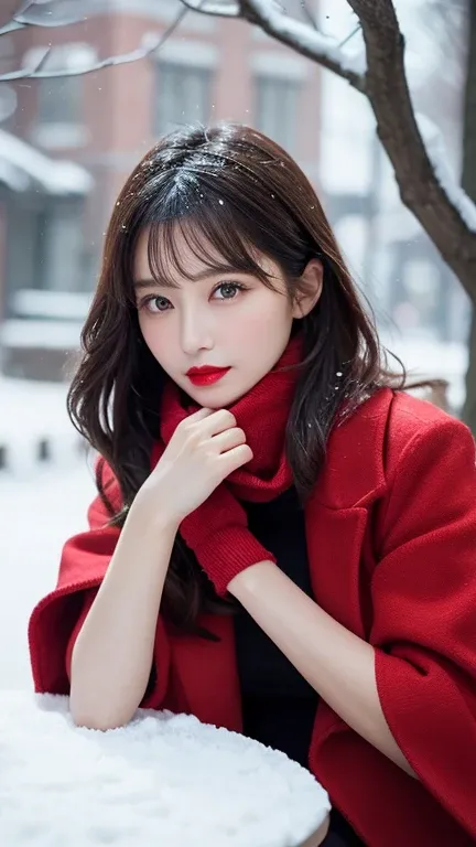 table top, highest quality, figure, super detailed, finely, High resolution, 8k wallpaper, Perfect dynamic composition, detailed and beautiful eyes , Cute 40 year old Japanese、Black hair and shoulder-length、Red lipstick、Red long coat、Wearing a long white s...