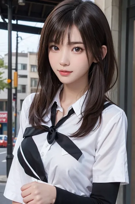 One Girl,  (Portrait,Staring straight ahead,Delicate girl:1.3),(Beautiful girl, Delicate girl:1.3), (14 years old:1.3), break, (school uniform, Short sleeve, White shirt, neckerchief:1.2), break, Very beautiful eyes, (Symmetrical eyes,Big eyes:1.3), break,...