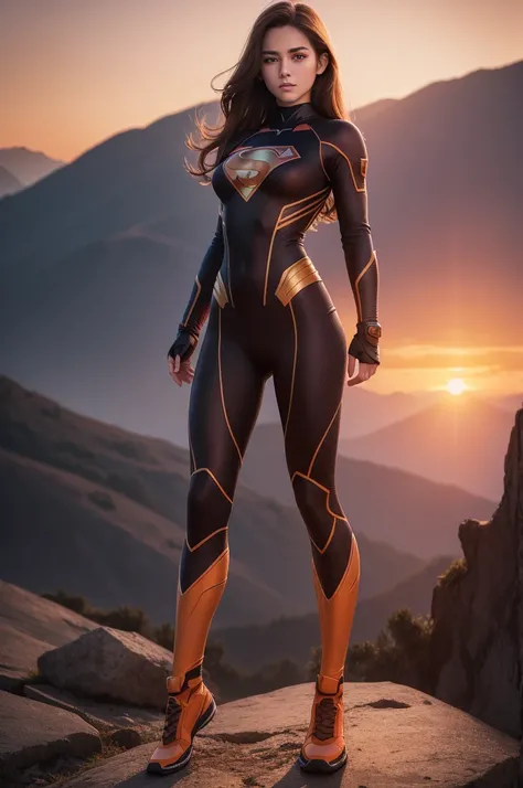 ((Sunset)), (((full body))), (beautiful body), perfect body, best quality, masterpiece, (realistic:1.2), 1 girl is standing on the top of mountain and she is looking the sunset, best quality, masterpiece, (realistic:1.2), 1 girl, brown hair, brown eyes, Fr...