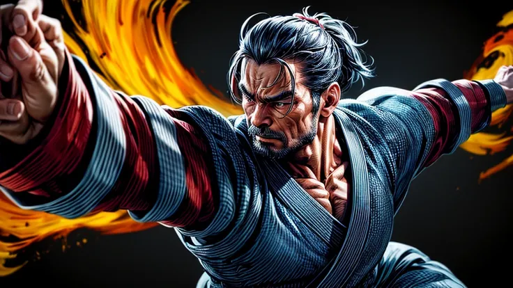 detailed portrait of a kung fu master, 1 man, detailed face and body, extremely detailed martial arts pose, dynamic action, high-quality, photo-realistic, cinematic lighting, dramatic colors, muscular physique, intense expression, detailed clothing, intric...