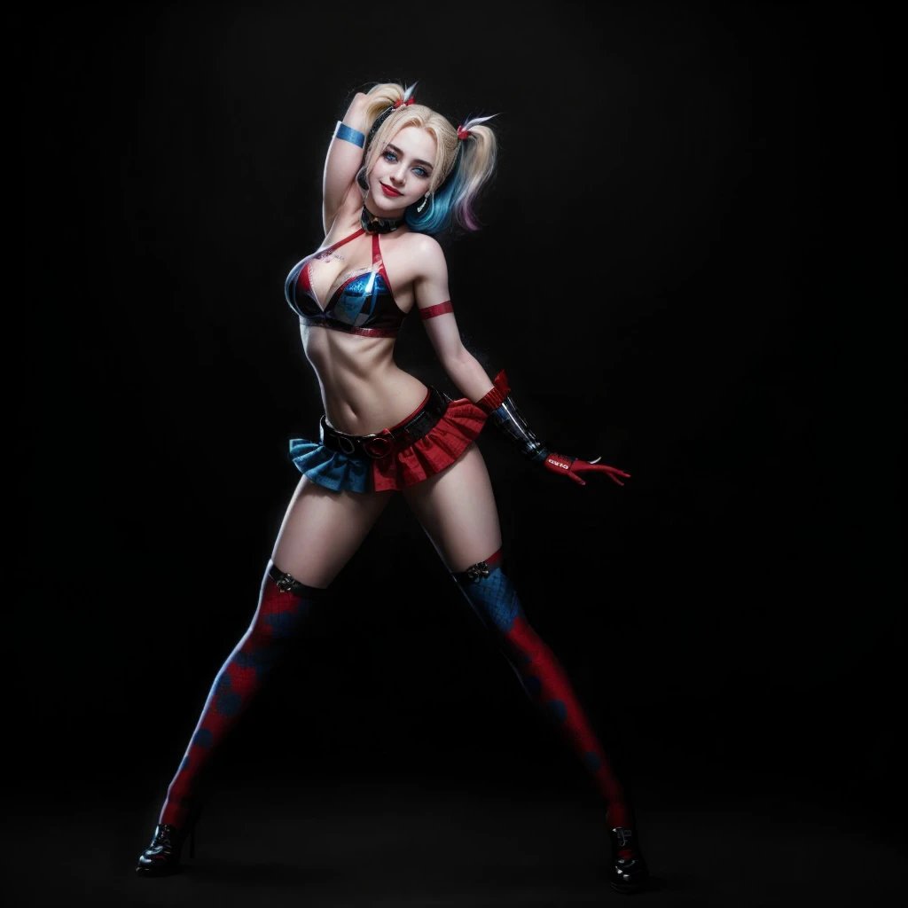 HarleyQuinn, light blue eyes, (best quality,ultra-detailed),(Realistic:1.37), beautiful and detailed face, Ultra-realistic texture, delicate face, athletic body, vivid colors. High definition, 8K. cute smile expression