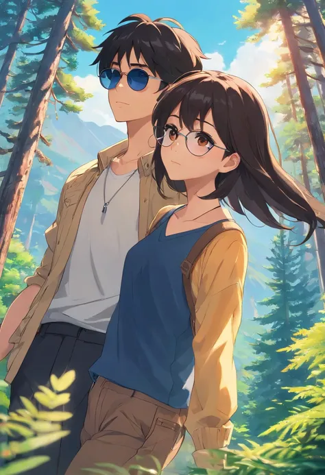 (1girl with long brown hair wearing sunglasses), (1boy with (black short hair), sunglasses and pants), couple taking selfie in the pine forest, mountains and blue sky background, disney pixar style, highly detailed, photorealistic, vibrant colors, perfect ...