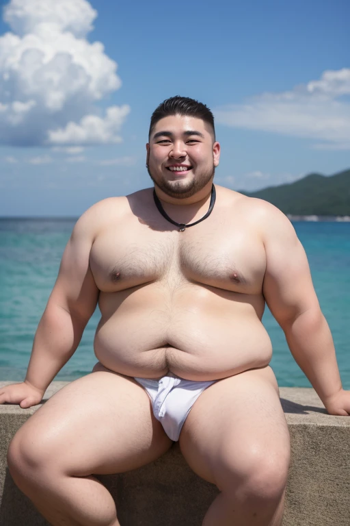 ((highest quality)), ((masterpiece)), (detailed), Perfect Face、Shaved head、Young Japanese、Muscular、Fat body、Big guy、smile、white small swimsuit、Emphasize the chest、Thick legs、Thick arms、naked、have power、Emphasis on large genitals