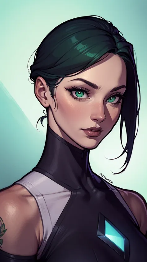 um desenho de uma mulher com uma blusa verde e cabelo preto, Estilo de arte de Charlie Bowater, arte do personagem Charlie Bowater, drawn in the style of digite germe, estilo de charlie bowater, digite germe. alto detalhe, digite germe style, retrato de pe...