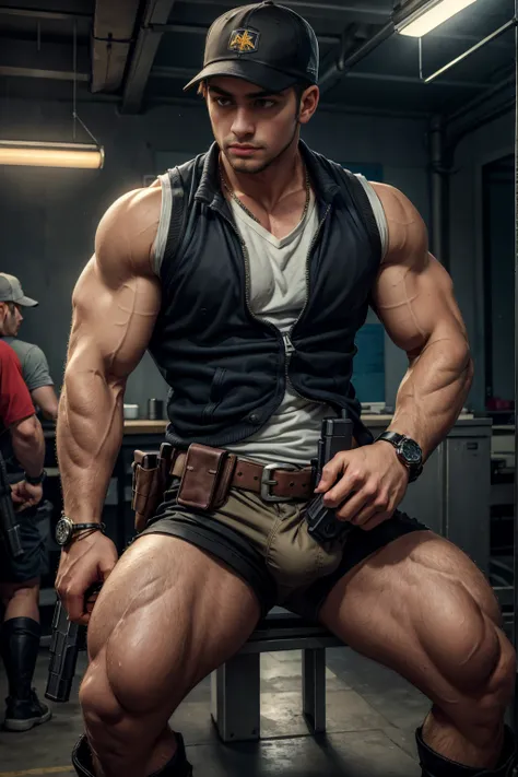 ((masterpiece)), ((best quality:1.2)), high resolution, 8K, (extremist_Practical:1.3), (photoPractical:1.4), Male focus, 1 boy, backwards have, arms, Vest, shorts，Leather Boots，solitary, white Vest, 步gun, shorts, wristwatch, gun, Keep arms, muscular, Keep,...