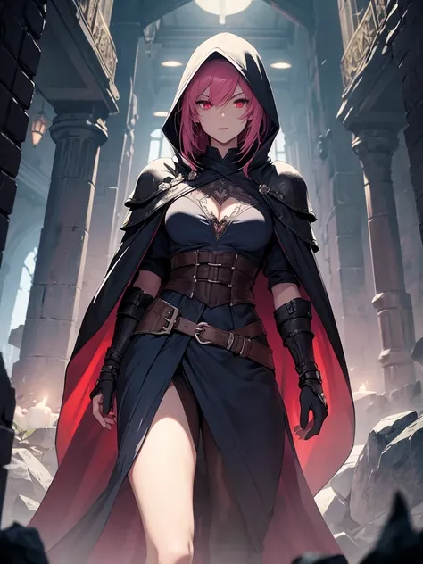 (High-resolution, high-quality), illustration of a character in a dark, medieval fantasy setting. The character is Berna and is depicted in a night assassin state. She has short pink hair and red eyes. She is about 150 cm tall and looks . She wears an indi...