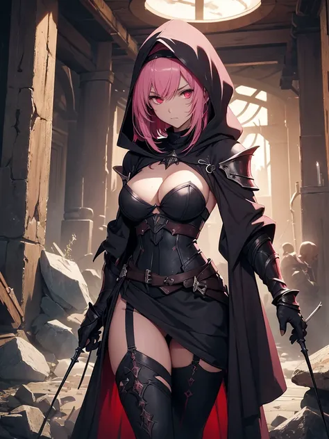 (High-resolution, high-quality), illustration of a character in a dark, medieval fantasy setting. The character is Berna and is depicted in a night assassin state. She has short pink hair and red eyes. She is about 150 cm tall and looks . She wears an indi...