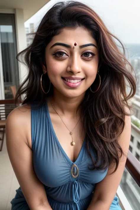 day scene, extreme close up photo of pranitha subhash , big cheeks, swooping breasts, kneeling in a balcony, armpits, (blue eyes...