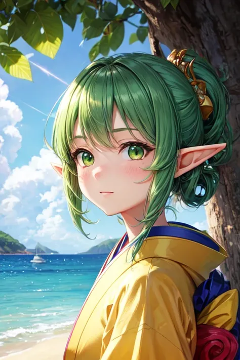 Elf, green hair, yellow-green eyes, cute, fleeting expression, brings good luck, kimono, sea, beach, daytime, sunlight reflecting, shining 