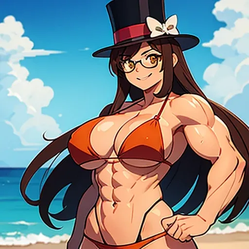 Muscular,women,female,top hat,brown hair,Long hair,yellow eyes,red bikini,smile ,solo,breasts,Glasses,beach,(Hypermuscle:1.2)