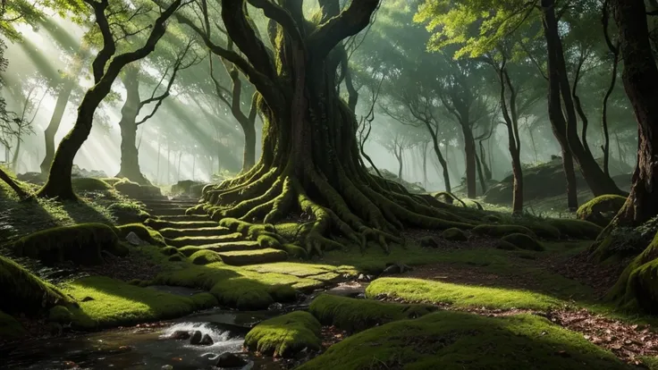 Fantasy forest reminiscent of《The Lord of the Rings》and《Dungeons》Scenes in & dragon. High, Ancient tree with lush branches and leaves，Create a mysterious atmosphere. Sunlight shines through the dense canopy, Casting mesmerizing light onto the forest floor....