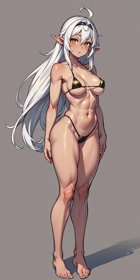 (Masterpiece, plain background:1.2) Female full body, standing straight symmetrical feet together, blood dark elf, dark skin, long messy white hair, short elf ears, circlet, yellow eyes, 1990s (style), female 1sologirl slingshot micro bikini, barefoot