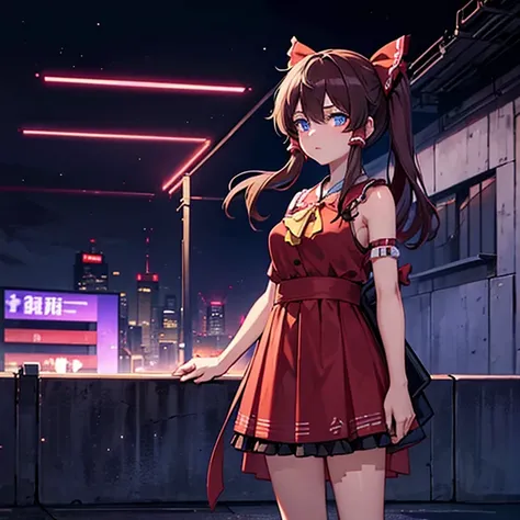 1 girl, reimu hakurie, touhou, masterpeice, brown hair, glowing blue eyes, alternate costume, cyber punk art style, cyber punk b...