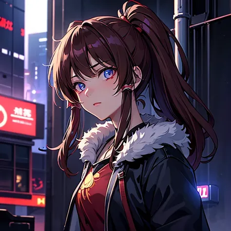 1 girl, reimu hakurie, touhou, masterpeice, brown hair, glowing blue eyes, glowing eyes, alternate costume, cyber punk art style...