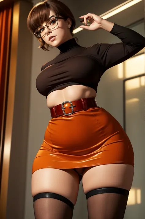 (((waist up))), (((perfect body))), (((voluptuous))), (((hot))), thick thighs, Velma Dace Dinkley teenager (from the Scooby-Doo series), posing for self with a ghost behind her, arm stretched out for freight as if she were holding a cell phone, comedic sce...