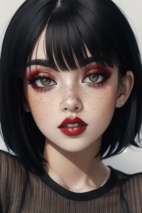 fr3ckles, grey eyes, freckles, 1girl,  90sgrung3, red makeup, red lips, black hair, short hair, baby bangs, black shirt