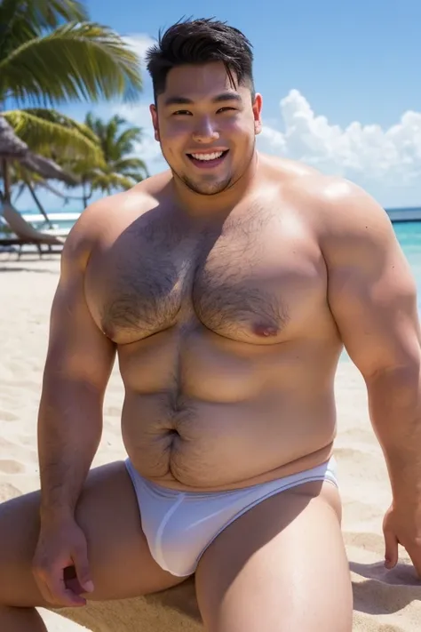 ((highest quality)), ((masterpiece)), (detailed), (Perfect Face), 4k, Shaved head, Young Japanese, Muscular, Fat body, Very big man, smile, White small swimsuit, Well-groomed fat face, Naked, Have power, Sitting with legs spread very wide, Highlights very ...