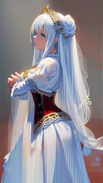 ((extremely detailed CG unity 8k wallpaper)), masterpiece, ultra-detailed, floating, high resolution, sexually suggestive, (petite, absurdly long white hair, princess, white mage, blue eyes, (ornate long white and red see through layered long dress with lo...