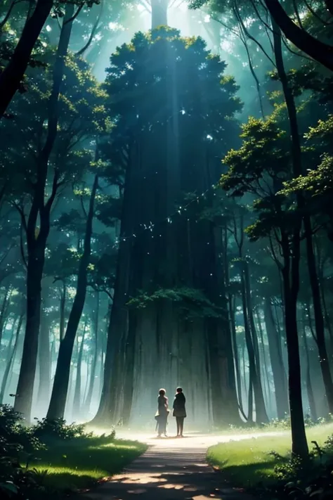 describe: in a secluded forest, A ray of sunlight shines through the dense canopy of trees, Casts an ethereal glow across the forest floor. among the towering trees, The mysterious shadow seems to come alive, Whisper secrets to those who dare to listen. Ca...