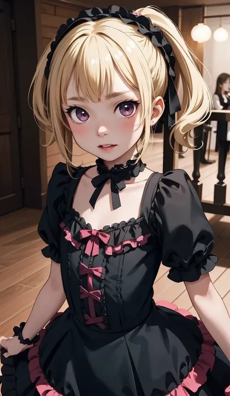 Perfect picture,,{Gothic Lolita Girl}{at dance party}{beautiful }{hedonism},{I like it},8 year old girl,4k picture quality, Movie,,{child},{Small stature，chest,} Langheier,A blonde,Cute expression,face perfect