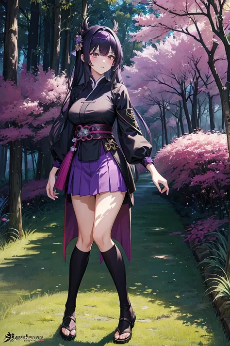 anime girl in a purple and black outfit standing in front of a forest, keqing from genshin impact, zhongli from genshin impact, heise jinyao, ayaka genshin impact, anime moe artstyle, black - haired mage, demon slayer rui fanart, ayaka game genshin impact,...