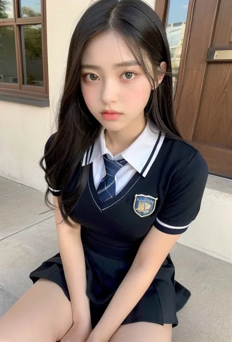 (highest quality, 8k, masterpiece ), An innocent 12-year-old junior high school girl
, Black Hair、Chest that looks like the shirt is about to tear、bangs:0.6,グラマーなThighs、Very tight see-through uniform:1.4、mini skirt, Highly detailed face, double eyelid, Str...