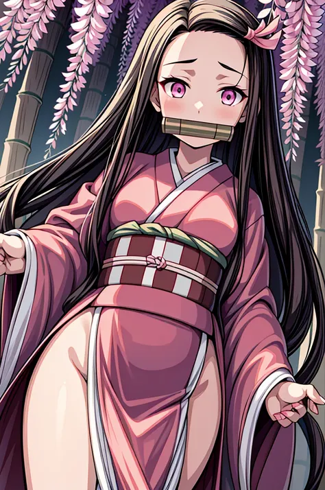 masterpiece, (pink kimono), seductive face, good lighting, low-cut, fine details, masterpiece, glowing eyes, 1girl, black hair, gag, bamboo, Nezuko Kamado, wisteria background, masterpiece, best quality, POV, whole body, wide hips,