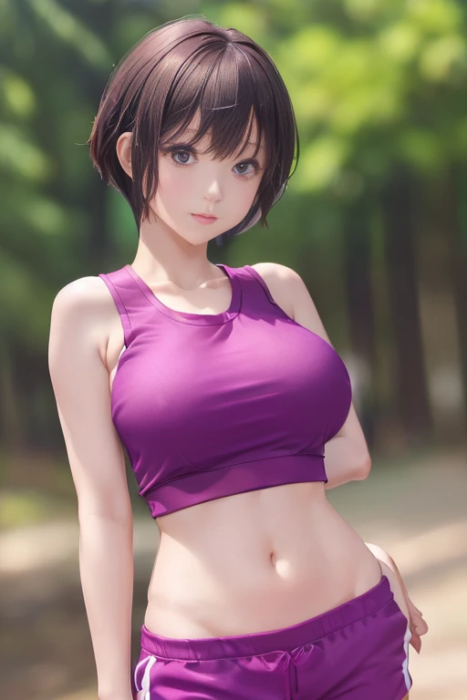 Anime girl highest quality、Beautiful Skin、Writing on the face、(huge beautiful breasts、Ultra Mama:1.3),(Very thin、Pixie Cut、Tracksuit Shorts、Sexy Fashion、color、Tank top、School Randoseru、Schoolyard、Change of clothes、You can see the crack in the buttocks、Prim...