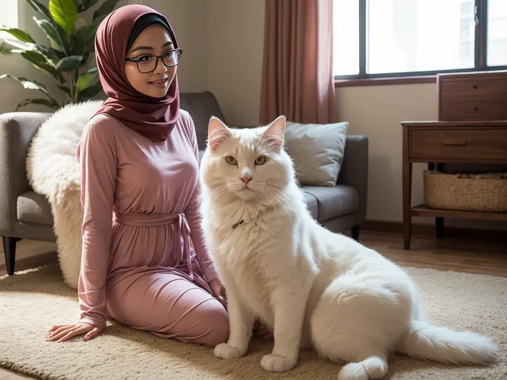 Design a heartwarming scene as the young Malay woman in pastel color hijab interacts with her beloved very big cat pet, very big fluffy white persian cat, very cute Malay woman with beautiful , wear modest baju kurung, wear glasses, big round glasses, , be...