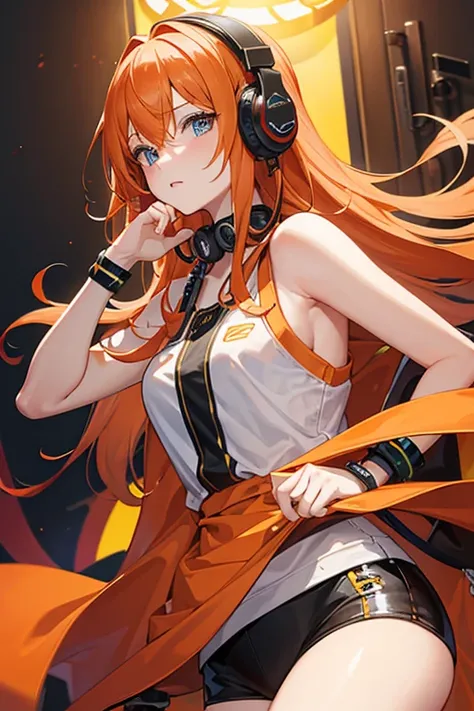 masterpiece　highest quality、Highest Resolution、Orange Hair、Headphones