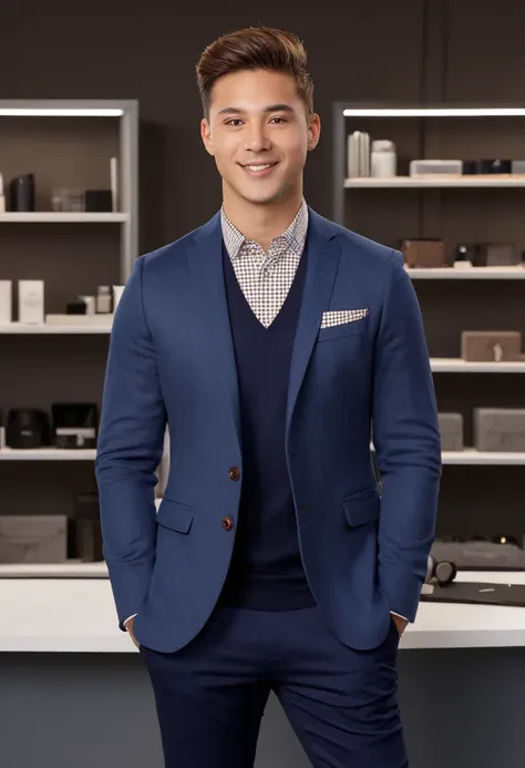 A male livestream retailer who is young, fair-skinned, and Mixed race, standing confidently in a modern, well-lit studio, dressed in casual business attire. The retailer exudes trustworthiness and professionalism, with a friendly and approachable demeanor....