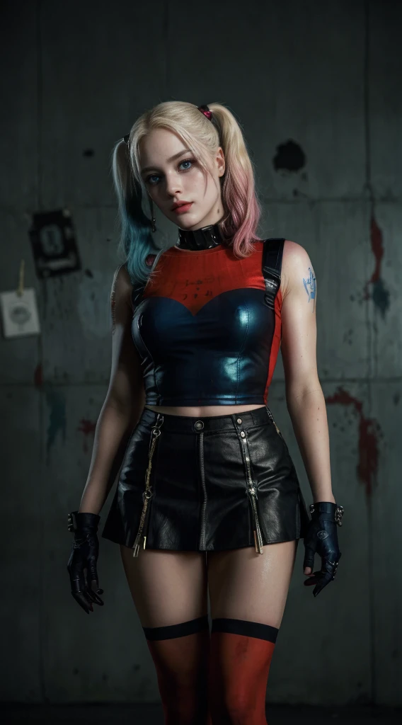 HarleyQuinn, light blue eyes, (best quality,ultra-detailed),(Realistic:1.37), beautiful and detailed face, Ultra-realistic texture, delicate face, athletic body, vivid colors. High definition, 8K.