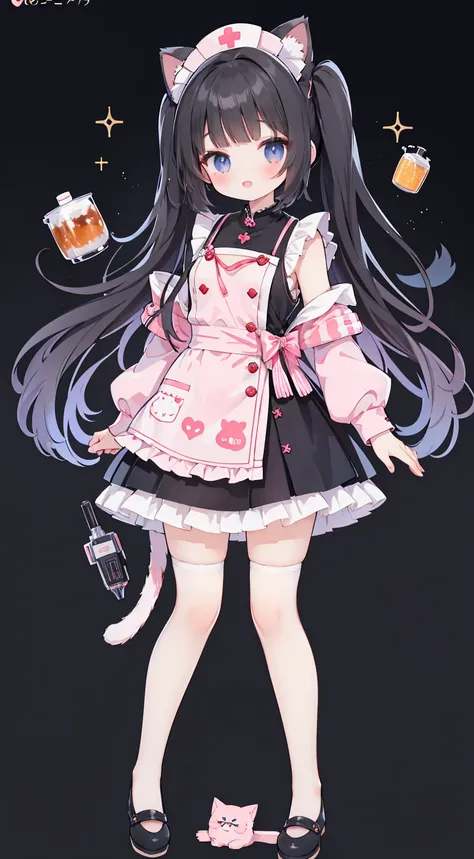 masterpiece,best quality,Official Art,Extremely detailed CG unity 8k wallpaper, beautiful girl,Nurse, Kawaii,with her cat ears up, anime girl ,standing,Wearing white stockings,mini skirt,sleeveless tops,energetic and cute,black hair,long hair,Nurse頭飾