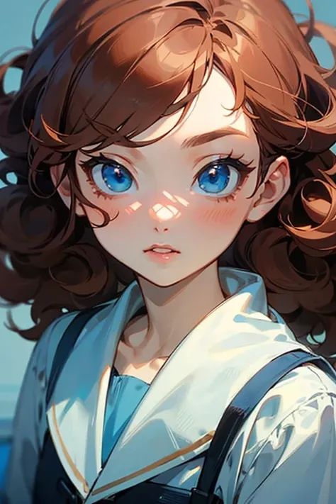 Anime girl with curly, long reddish brown hair and big blue eyes. Small face with cute lips