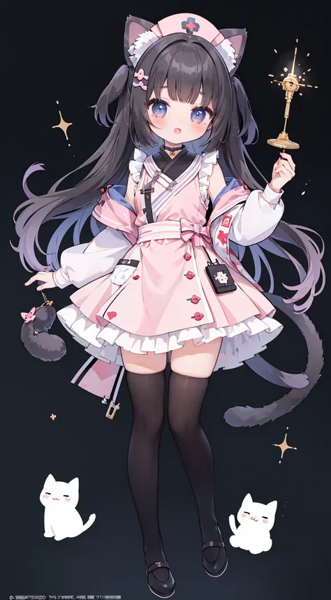 masterpiece,best quality,Official Art,Extremely detailed CG unity 8k wallpaper, beautiful girl,Nurse, Kawaii,with her cat ears up, anime girl ,standing,Wearing white stockings,mini skirt,sleeveless tops,energetic and cute,black hair,long hair,Nurse頭飾